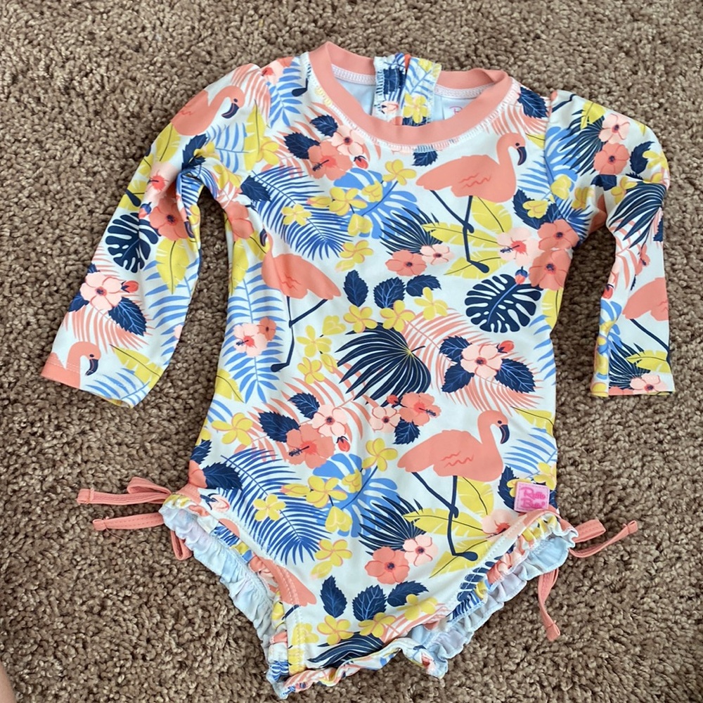 Ruffle Butts Tropical Flamingo one Piece Rash Guard SZ 12-18m
